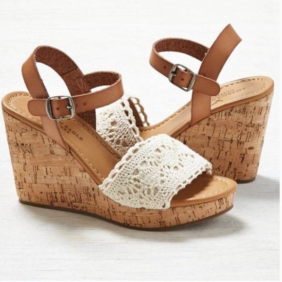 American Eagle Outfitters | Shoes | American Eagle Crochet Sandal Brown Cork  Wedges | Poshmark